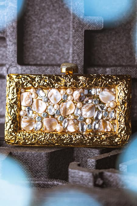 NR BY NIDHI RATHI Gold Embroidered Pearl Rectangle Clutch 