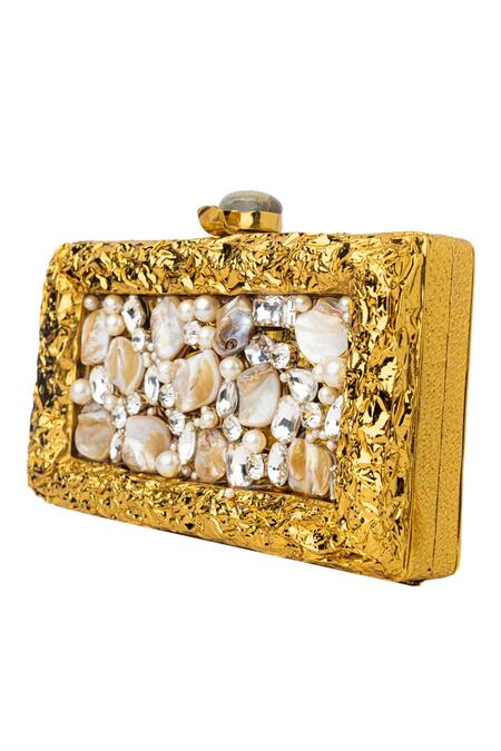 NR By Nidhi Rathi_Gold Embroidered Mother Of Pearl Clutch_Online_at_Aza_Fashions
