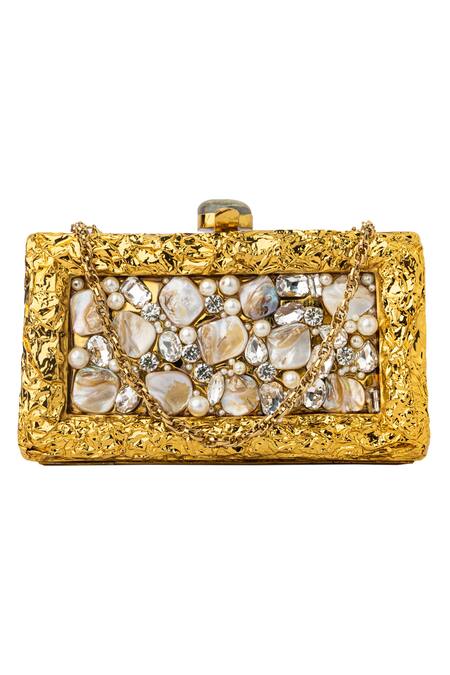 Buy_NR By Nidhi Rathi_Gold Embroidered Mother Of Pearl Clutch_Online_at_Aza_Fashions