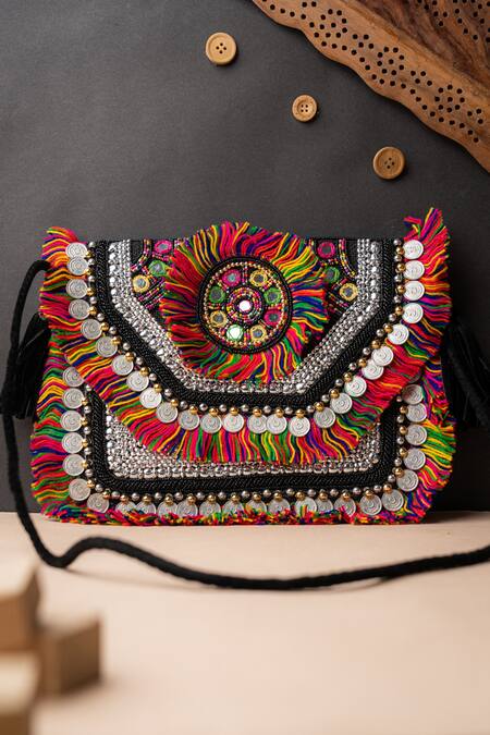 NR BY NIDHI RATHI Black Embroidered Rectangle Clutch 