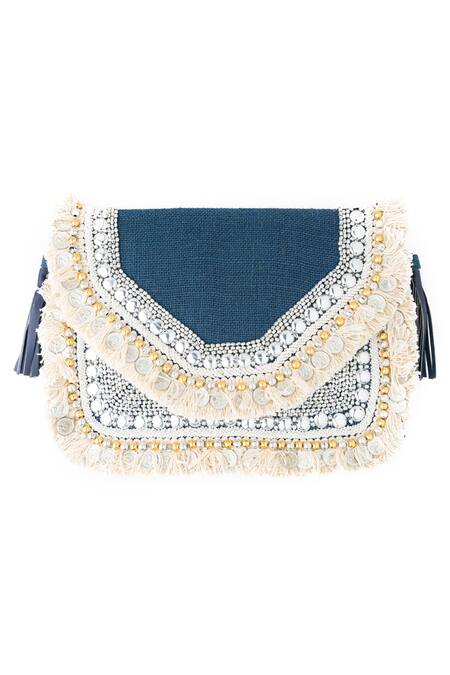 NR By Nidhi Rathi_Blue Embroidered Navy Clutch With Tassels_Online_at_Aza_Fashions