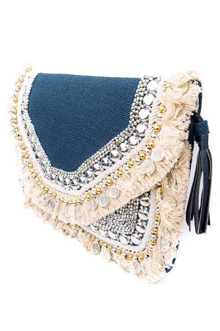 Buy_NR By Nidhi Rathi_Blue Embroidered Navy Clutch With Tassels_Online_at_Aza_Fashions