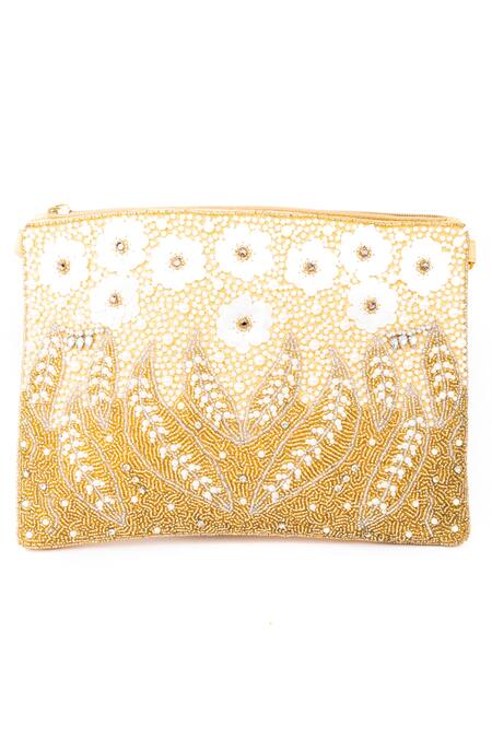 NR By Nidhi Rathi_Gold Embroidered Floral Rectangle Pouch_Online_at_Aza_Fashions