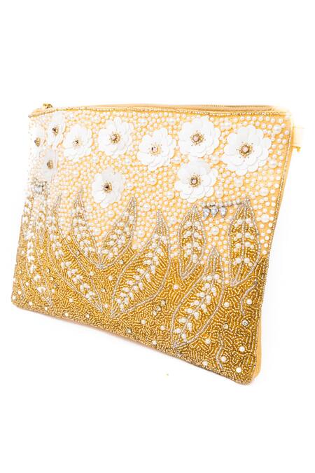 Buy_NR By Nidhi Rathi_Gold Embroidered Floral Rectangle Pouch_Online_at_Aza_Fashions