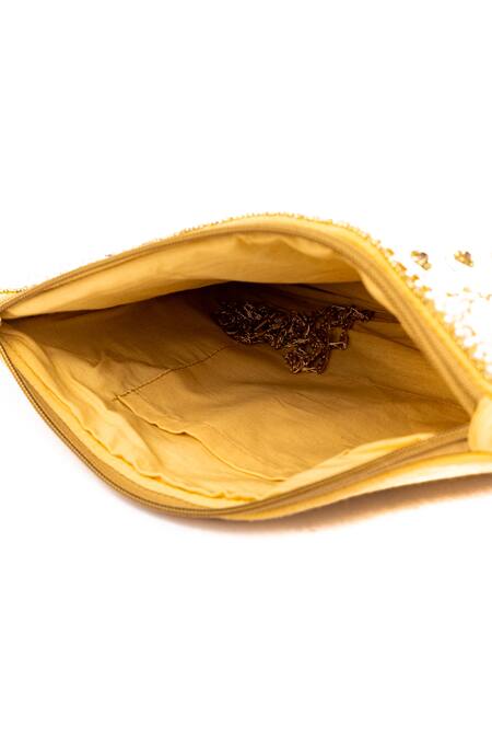 Shop_NR By Nidhi Rathi_Gold Embroidered Floral Rectangle Pouch_Online_at_Aza_Fashions