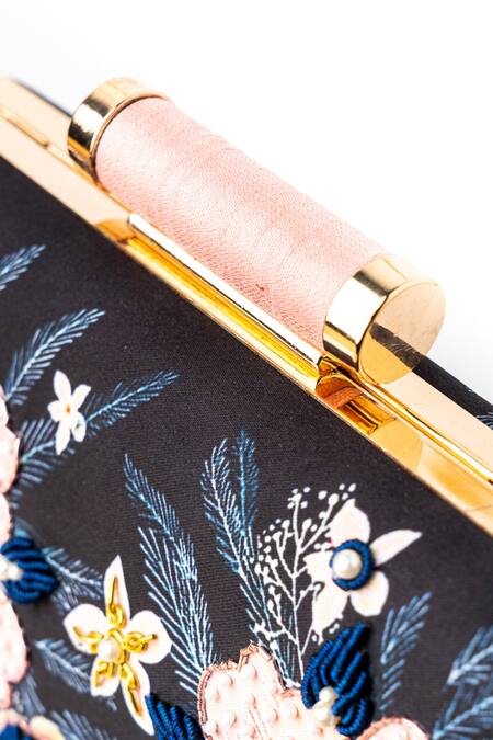 Shop NR By Nidhi Rathi Blue Embroidered Floral Rectangle Clutch Online at Aza Fashions Shop_NR By Nidhi Rathi_Blue Embroidered Floral Rectangle Clutch_Online_at_Aza_Fashions