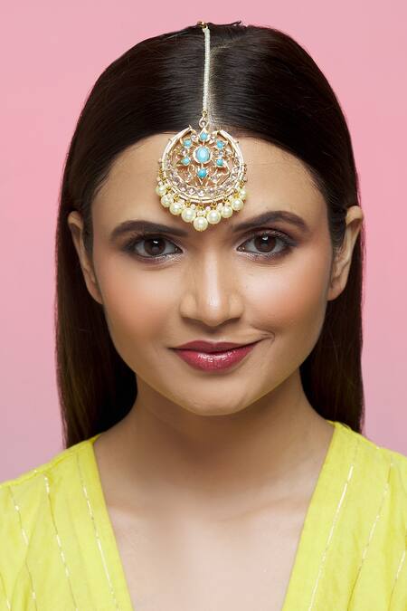 Shop Kiara Gold Plated Floral Embellished Maangtika Online at Aza Fashions Shop_Kiara_Gold Plated Floral Embellished Maangtika_Online_at_Aza_Fashions