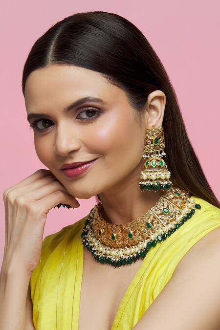 Buy_Kiara_Gold Plated Crystals, Pearls Kundan Embellished Necklace Set_Online_at_Aza_Fashions