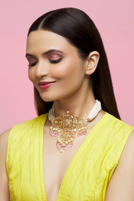 Buy_Kiara_Gold Plated Floral Embellished Choker_Online_at_Aza_Fashions