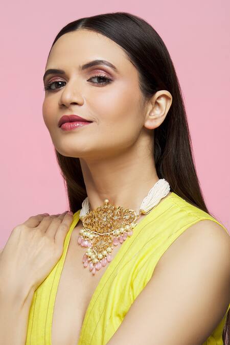 Kiara_Gold Plated Floral Embellished Choker_Online_at_Aza_Fashions