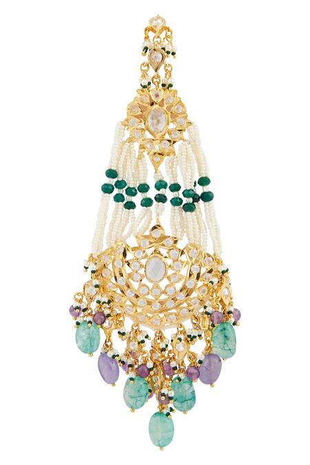 Buy Kiara Gold Plated Stones Floral Embellished Chandbalis Online at Aza Fashions Buy_Kiara_Gold Plated Stones Floral Embellished Chandbalis_Online_at_Aza_Fashions