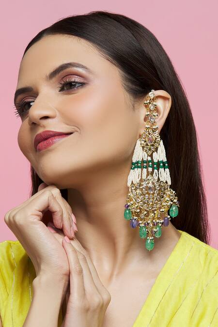 Kiara Gold Plated Stones Floral Embellished Chandbalis Online at Aza Fashions Kiara_Gold Plated Stones Floral Embellished Chandbalis_Online_at_Aza_Fashions