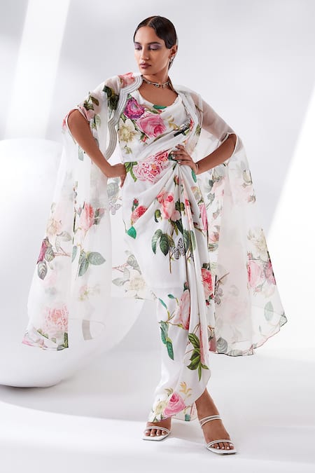 Tisha Saksena Rose Printed Gown With Cape 