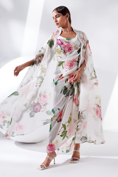 Tisha Saksena Ivory Cape Silk Organza, Gown Dupion Silk, Lining Viscose Rose Printed With Online at Aza Fashions Tisha Saksena_Ivory Cape Silk Organza, Gown Dupion Silk, Lining Viscose Rose Printed With _Online_at_Aza_Fashions