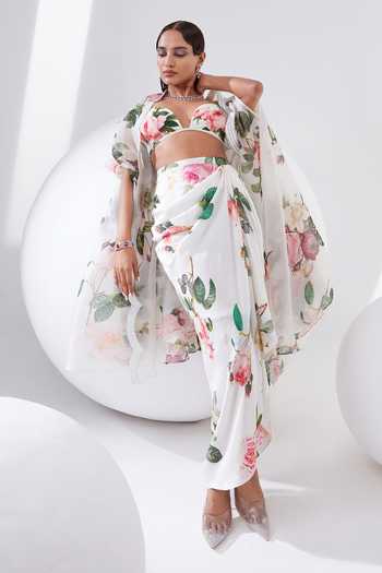 Tisha Saksena_Ivory Braletteraw Silk, Capesilk Organza, Drape Skirt Tulip Printed And Set _Online_at_Aza_Fashions