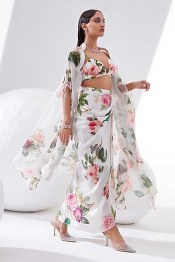 Buy_Tisha Saksena_Ivory Braletteraw Silk, Capesilk Organza, Drape Skirt Tulip Printed And Set _Online_at_Aza_Fashions