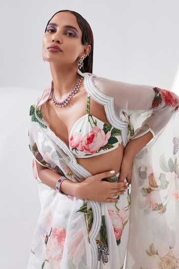 Shop_Tisha Saksena_Ivory Braletteraw Silk, Capesilk Organza, Drape Skirt Tulip Printed And Set _Online_at_Aza_Fashions