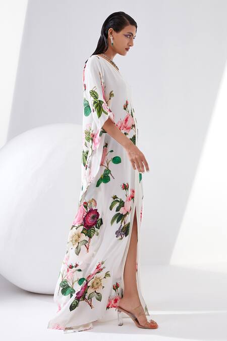 Tisha Saksena_Ivory Silk Crepe Botanical V Neck Carnation Print Kaftan _Online_at_Aza_Fashions