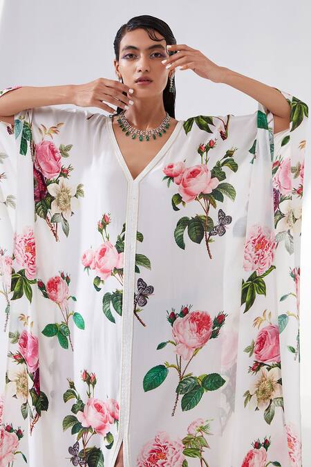 Buy_Tisha Saksena_Ivory Silk Crepe Botanical V Neck Carnation Print Kaftan _Online_at_Aza_Fashions