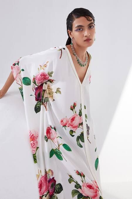 Shop_Tisha Saksena_Ivory Silk Crepe Botanical V Neck Carnation Print Kaftan _Online_at_Aza_Fashions