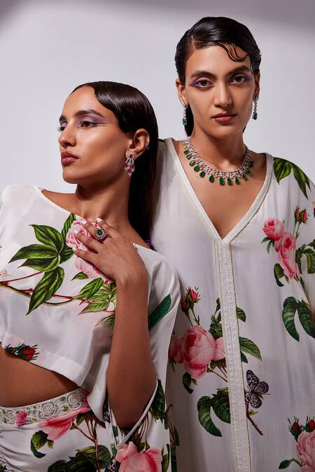 Tisha Saksena_Ivory Silk Crepe Botanical V Neck Carnation Print Kaftan _at_Aza_Fashions