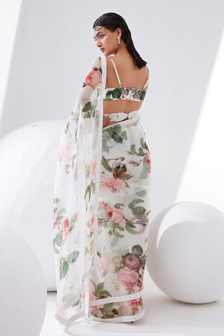 Shop Tisha Saksena Ivory Bralette Raw , Lining Cotton, Saree Hyacinth Printed With at Aza Fashions Shop_Tisha Saksena_Ivory Bralette Raw , Lining Cotton, Saree Hyacinth Printed With _at_Aza_Fashions