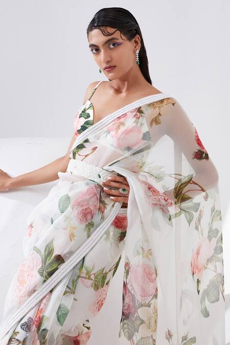 Tisha Saksena Ivory Bralette Raw , Lining Cotton, Saree Hyacinth Printed With Online at Aza Fashions Tisha Saksena_Ivory Bralette Raw , Lining Cotton, Saree Hyacinth Printed With _Online_at_Aza_Fashions