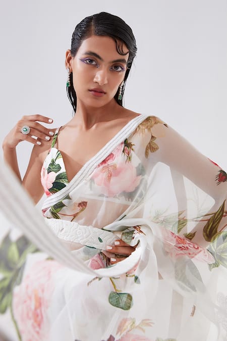 Buy Tisha Saksena Ivory Bralette Raw , Lining Cotton, Saree Hyacinth Printed With Online at Aza Fashions Buy_Tisha Saksena_Ivory Bralette Raw , Lining Cotton, Saree Hyacinth Printed With _Online_at_Aza_Fashions