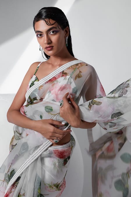 Shop Tisha Saksena Ivory Bralette Raw , Lining Cotton, Saree Hyacinth Printed With Online at Aza Fashions Shop_Tisha Saksena_Ivory Bralette Raw , Lining Cotton, Saree Hyacinth Printed With _Online_at_Aza_Fashions