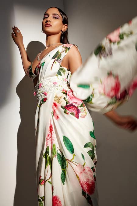 Tisha Saksena_Ivory Bralette Raw Silk, Drape Saree Dupion, Lining Canna Pre-draped With _at_Aza_Fashions