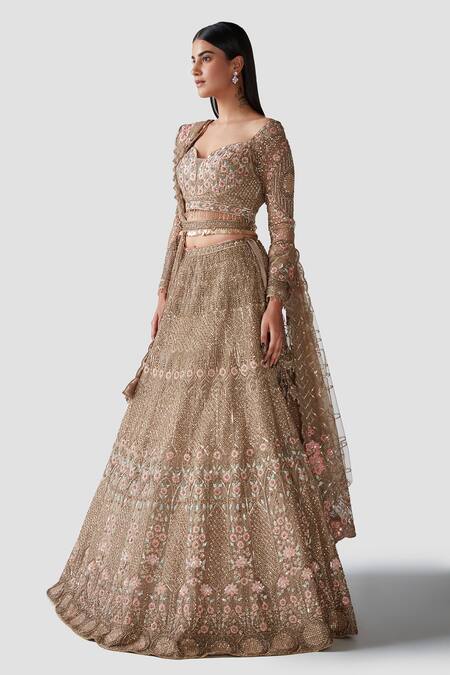 Shop Swati Narula Gold Lehenga And Blouse Organza Dupatta Net Eila Embroidered Bridal Set Online at Aza Fashions Shop_Swati Narula_Gold Lehenga And Blouse Organza Dupatta Net Eila Embroidered Bridal Set _Online_at_Aza_Fashions