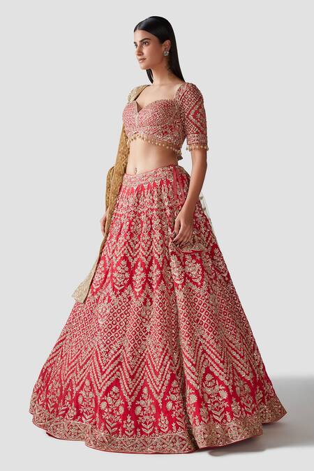 Buy_Swati Narula_Coral Lehenga And Blouse Georgette Dupatta Net Ibtissam Embroidered Bridal Set _Online_at_Aza_Fashions