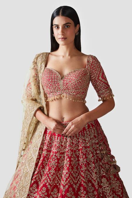 Shop_Swati Narula_Coral Lehenga And Blouse Georgette Dupatta Net Ibtissam Embroidered Bridal Set _Online_at_Aza_Fashions
