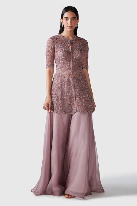 Shop Swati Narula Purple Organza Pipes, Sequins, Crystals, Reem Embroidered Kurta And Sharara Set Online at Aza Fashions Shop_Swati Narula_Purple Organza Pipes, Sequins, Crystals, Reem Embroidered Kurta And Sharara Set _Online_at_Aza_Fashions