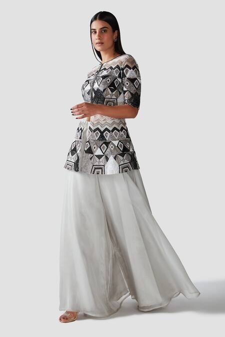 Swati Narula_Ivory Organza Pipes, Applique, Aari Round Yara Embroidered Kurta And Sharara Set _Online_at_Aza_Fashions