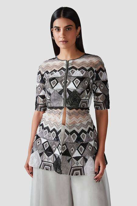 Buy_Swati Narula_Ivory Organza Pipes, Applique, Aari Round Yara Embroidered Kurta And Sharara Set _Online_at_Aza_Fashions