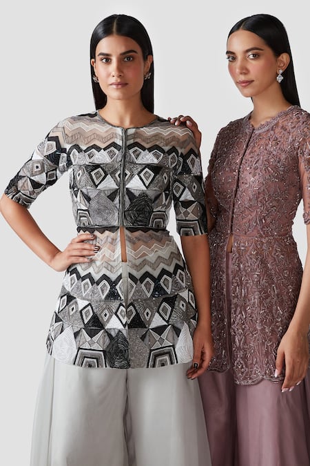 Shop_Swati Narula_Ivory Organza Pipes, Applique, Aari Round Yara Embroidered Kurta And Sharara Set _Online_at_Aza_Fashions