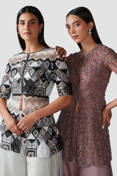 Swati Narula_Ivory Organza Pipes, Applique, Aari Round Yara Embroidered Kurta And Sharara Set _at_Aza_Fashions