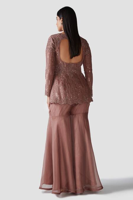 Swati Narula Brown Organza Pipes, Sequins, Cutdanas V Zain Embroidered Kurta And Gharara Set Online at Aza Fashions Swati Narula_Brown Organza Pipes, Sequins, Cutdanas V Zain Embroidered Kurta And Gharara Set _Online_at_Aza_Fashions