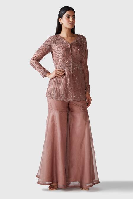 Buy Swati Narula Brown Organza Pipes, Sequins, Cutdanas V Zain Embroidered Kurta And Gharara Set Online at Aza Fashions Buy_Swati Narula_Brown Organza Pipes, Sequins, Cutdanas V Zain Embroidered Kurta And Gharara Set _Online_at_Aza_Fashions