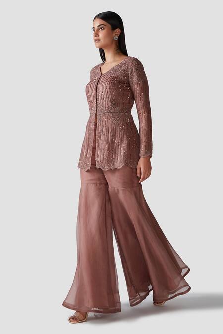 Shop Swati Narula Brown Organza Pipes, Sequins, Cutdanas V Zain Embroidered Kurta And Gharara Set Online at Aza Fashions Shop_Swati Narula_Brown Organza Pipes, Sequins, Cutdanas V Zain Embroidered Kurta And Gharara Set _Online_at_Aza_Fashions