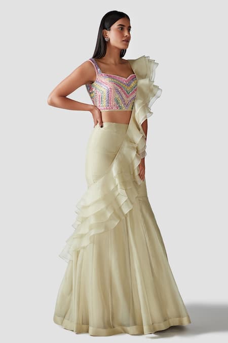 Swati Narula_Ivory Organza Mirror Work Fayruz Ruffled Pre-draped Saree With Blouse _Online_at_Aza_Fashions