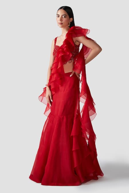 Buy_Swati Narula_Red Saree Organza Blouse Net Crystals Rubab Ruffled Pre-draped With _Online_at_Aza_Fashions