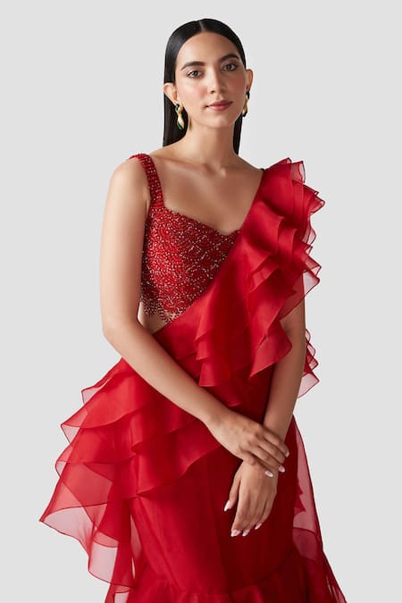 Shop_Swati Narula_Red Saree Organza Blouse Net Crystals Rubab Ruffled Pre-draped With 