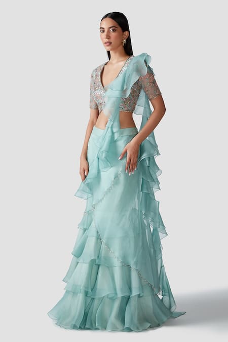 Swati Narula_Blue Organza Mirror Work, Sequins, Widad Ruffled Pre-draped Saree With Blouse _Online_at_Aza_Fashions