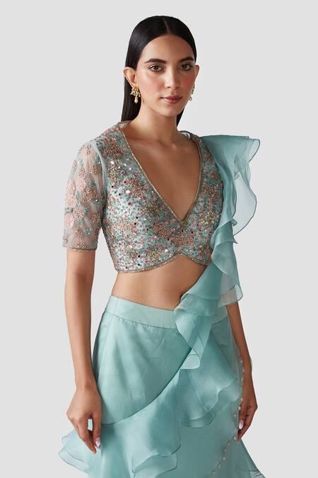 Buy_Swati Narula_Blue Organza Mirror Work, Sequins, Widad Ruffled Pre-draped Saree With Blouse 