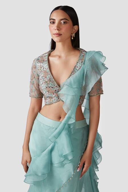 Shop_Swati Narula_Blue Organza Mirror Work, Sequins, Widad Ruffled Pre-draped Saree With Blouse 