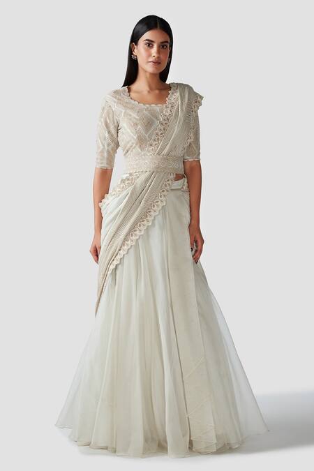 Swati Narula_Ivory Saree Organza And Georgette Blouse Dina Ruffled Pre-draped With _Online_at_Aza_Fashions