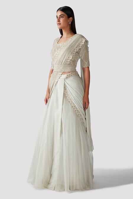 Buy_Swati Narula_Ivory Saree Organza And Georgette Blouse Dina Ruffled Pre-draped With _Online_at_Aza_Fashions