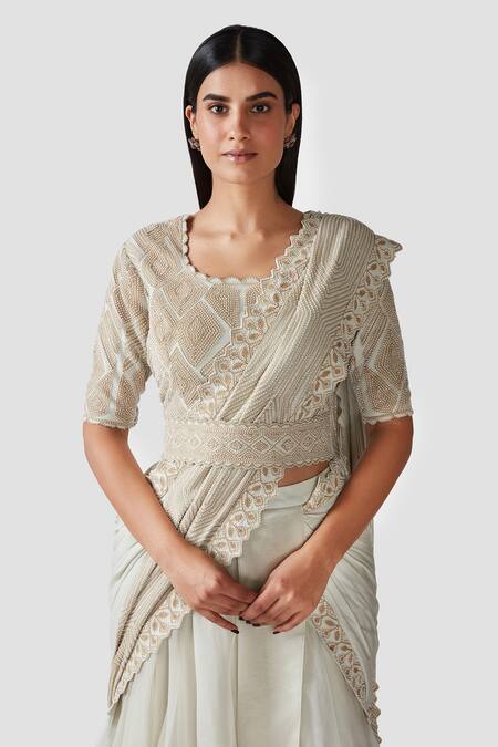 Shop_Swati Narula_Ivory Saree Organza And Georgette Blouse Dina Ruffled Pre-draped With _Online_at_Aza_Fashions